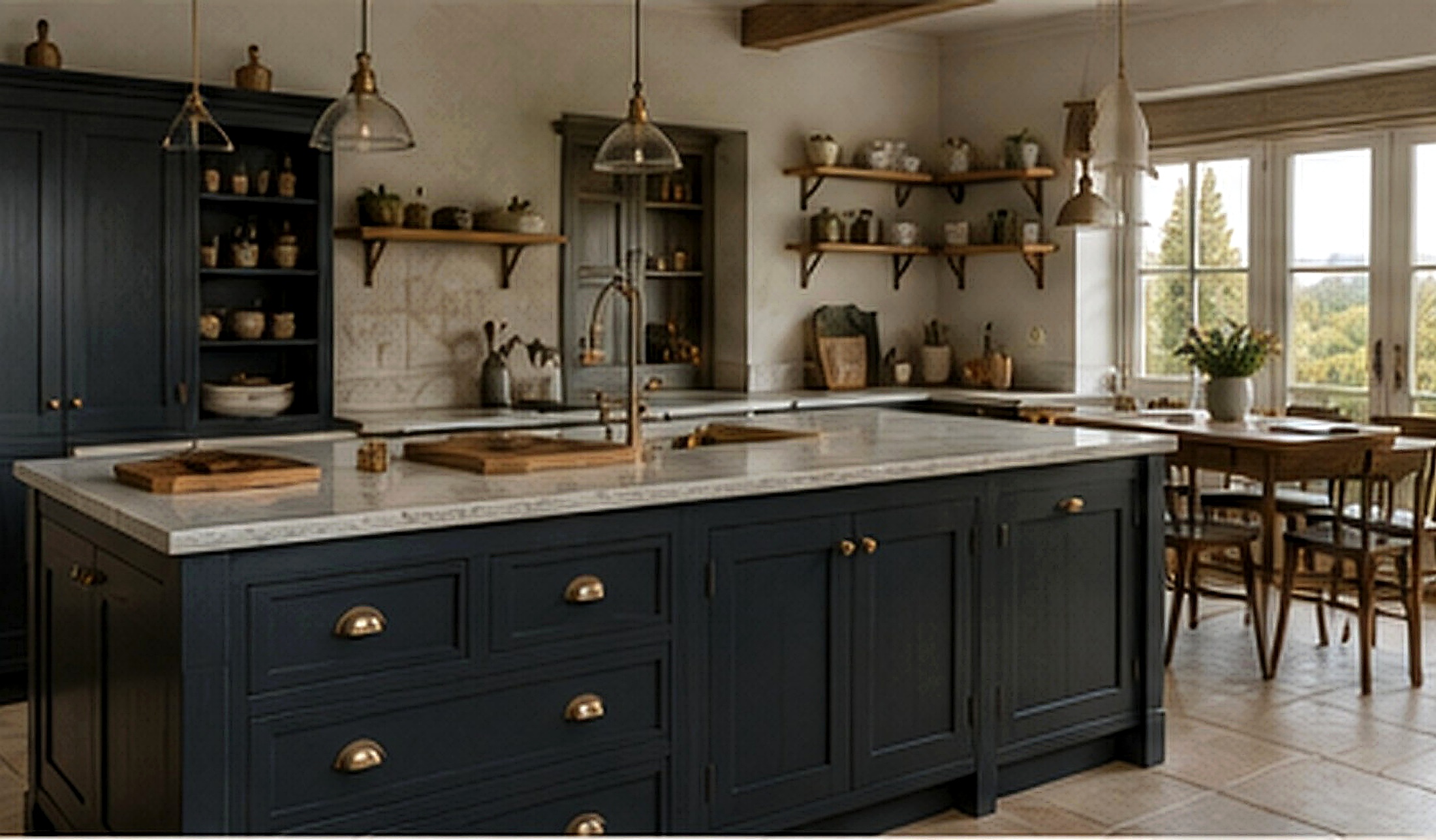 Simple classic English kitchen cabinetry with natural finishes